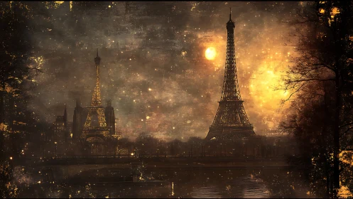 Dreamy twin towers under a glowing Paris night sky.