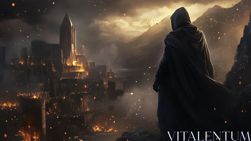 Hooded wanderer watching a burning mountain citadel crumble.