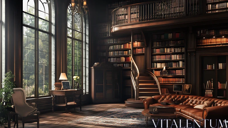 Sunlit library retreat with warm wood, books, and quiet charm.