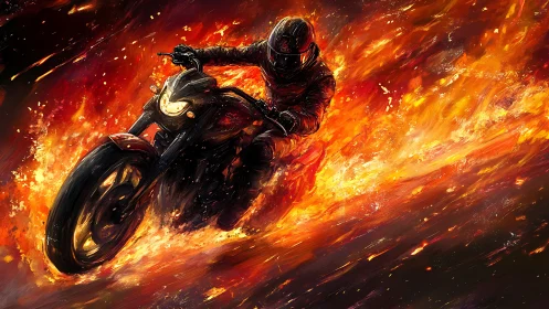 Motorcyclist carving through inferno with dynamic flame trails