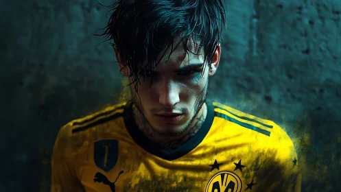 Brooding footballer portrait in moody teal and yellow glow.