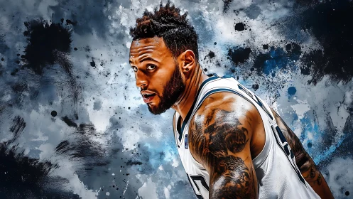 Dynamic digital portrait of tattooed basketball player in motion