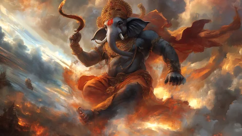 Elephant headed warrior deity strides through burning clouds
