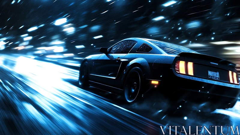 Rear view of dark sports car on wet night roadway.