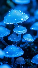 Glowing blue mushrooms sparkling softly with dewy magic.