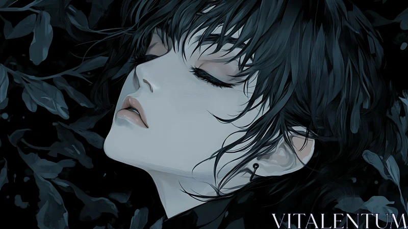 Monochrome anime portrait renders serene nocturnal repose