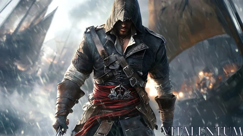 Hooded pirate warrior strides through storm-lashed battle deck.