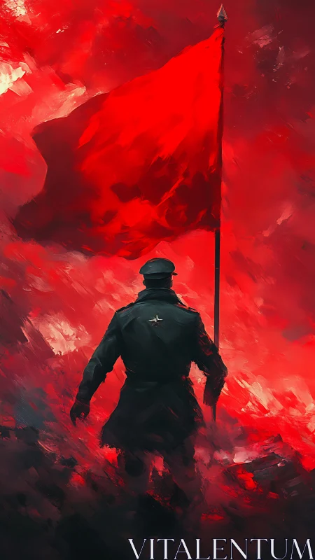 Digital painting of lone officer with monumental red flag standard.