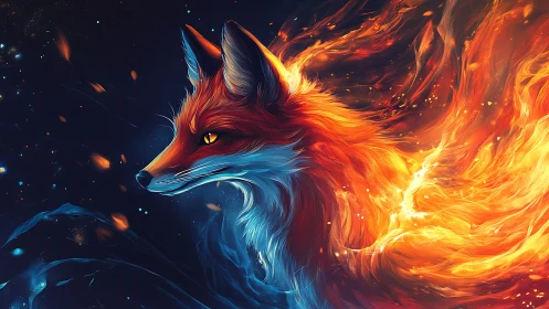 Fire and frost fox spirit glows against the deep night sky.