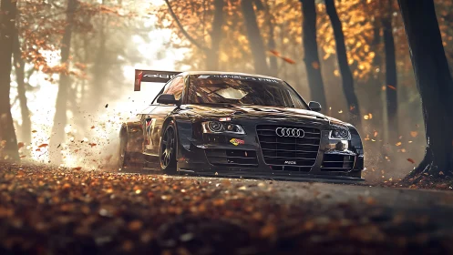 Audi RS race car powers through autumn forest curve
