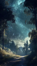 Starlit forest path under luminous galactic sky at dusk.