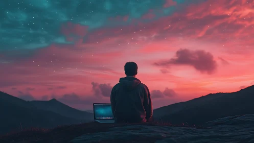 Person with laptop watching vivid pink and teal sunset sky.