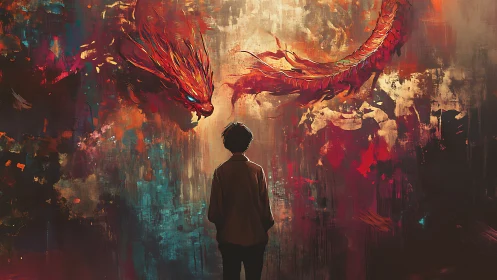 Young dreamer meets fiery dragon in a swirling twilight realm.