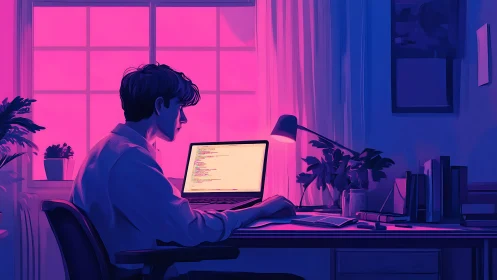 Programmer working late at laptop in neon home office scene.