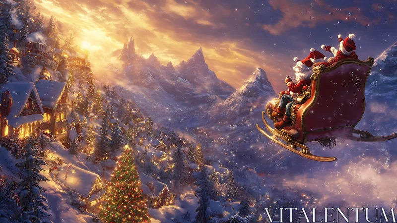 Santa’s sleigh glides above illuminated alpine village at golden dusk