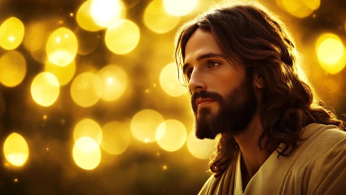 Gentle robed man gazes softly amid warm golden lights