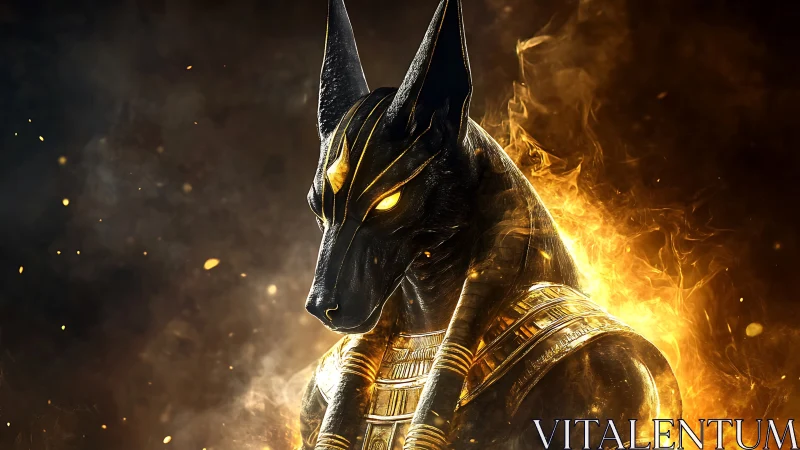 Egyptian jackal-headed deity rendered in molten gold fire.