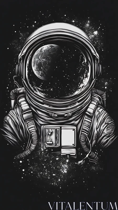 Solitary astronaut helmet reflects looming moon in void