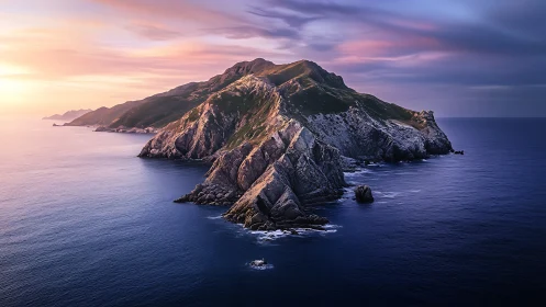 Rocky island formations at sunset with illuminated peaks