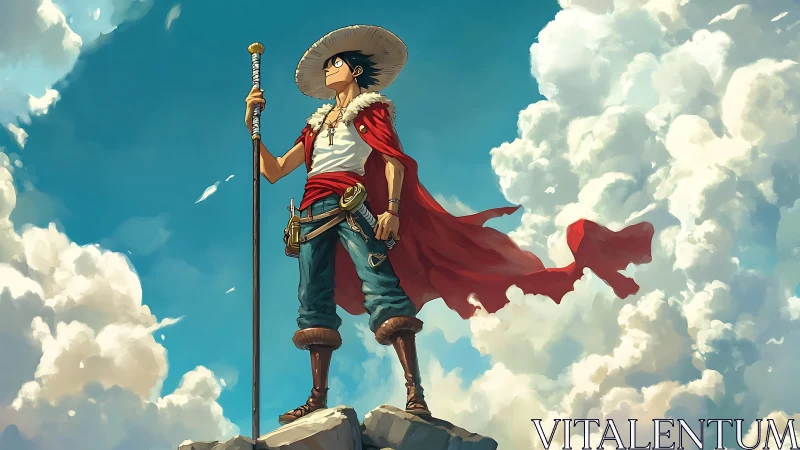 Skyward wanderer in crimson cloak above roaming clouds.