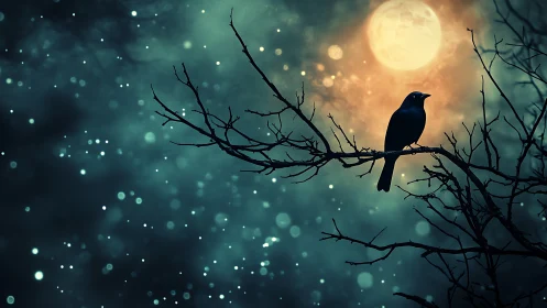Silhouetted crow perches on bare branches against defocused lunar bokeh