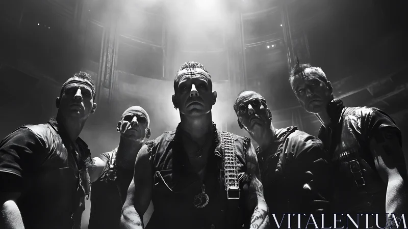 Monochrome portrait of industrial rock band onstage.