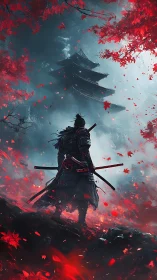 Armored samurai surveys misty pagoda amid saturated red foliage