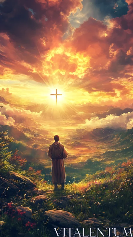 Pilgrim bathed in dawnlight gazes toward radiant cross horizon.