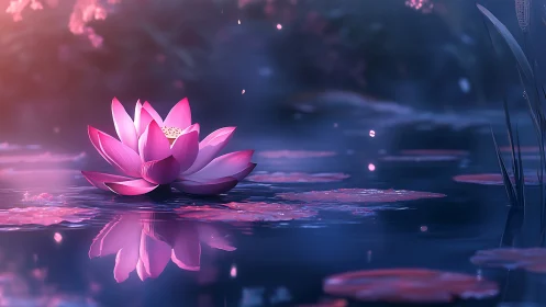 Pink lotus flower floats on reflective pond in soft focus