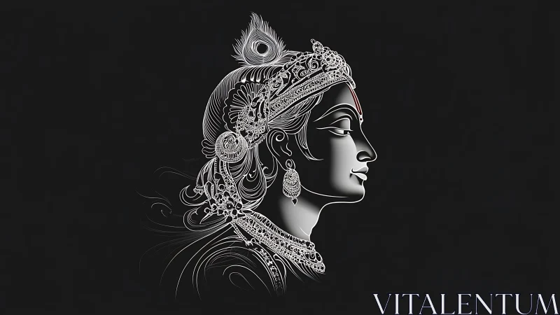 Ornate line art profile of Indian goddess on black.