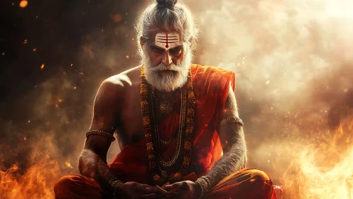 Intense holy man in orange robes surrounded by fire.