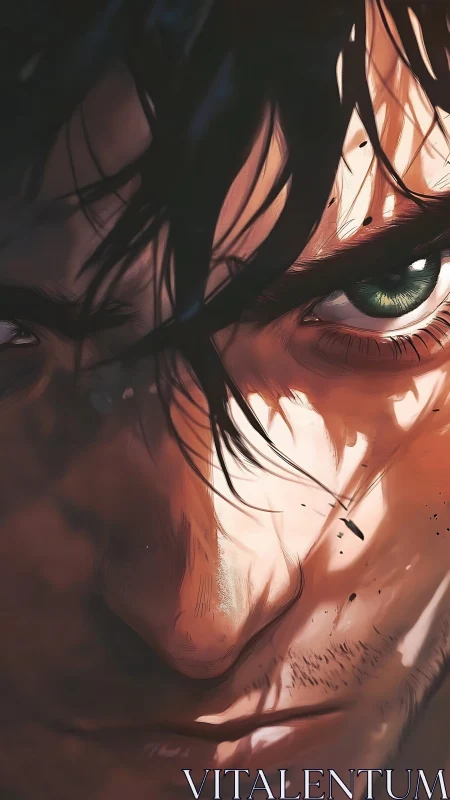 Intense green-eyed gaze cuts through dramatic shadow and flame