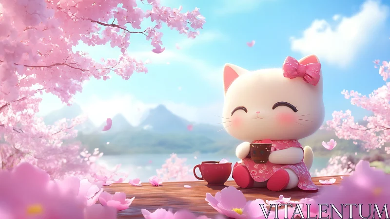 Kawaii white cat enjoying tea under soft cherry blossoms.