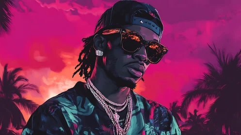 Neon sunset rapper portrait glows in tropical nightscape.