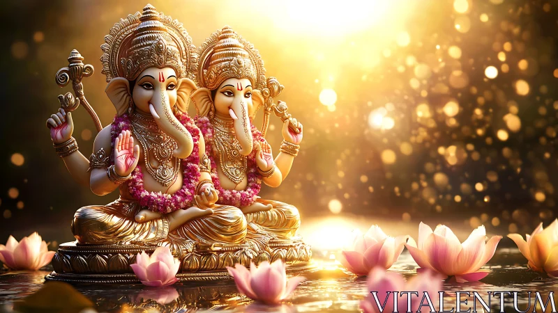 Golden Ganesh statues with lotus flowers and warm light.
