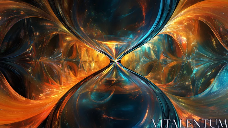 Fractal hourglass vortex bends molten light and space.