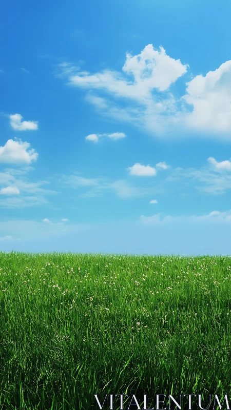 Vast grassy field under clear blue sky with scattered cumulus