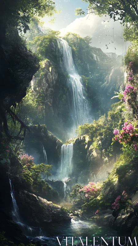 Secret cascade sanctuary bathed in dreamlit jungle mist.