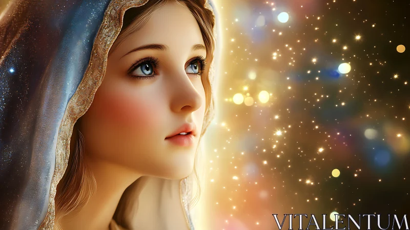 Young woman in hooded cloak gazes toward glowing starfield