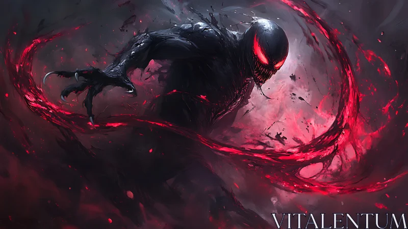 Symbiotic predator amid turbulent crimson energy vortex.