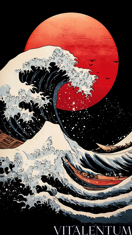 Crashing wave silhouettes boats beneath burning red moon.