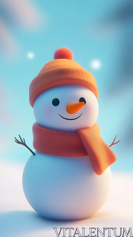 Snowman wears orange knit hat and scarf in soft dawn