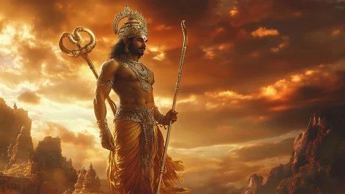 Digital painting of mythic warrior under dramatic sunset sky.