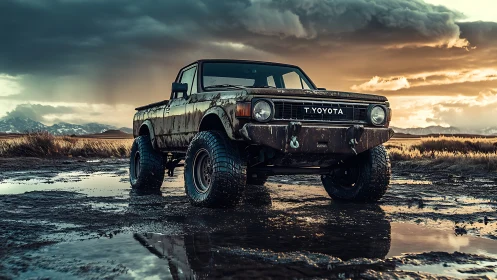 Photorealistic off-road pickup in dramatic stormlight landscape.