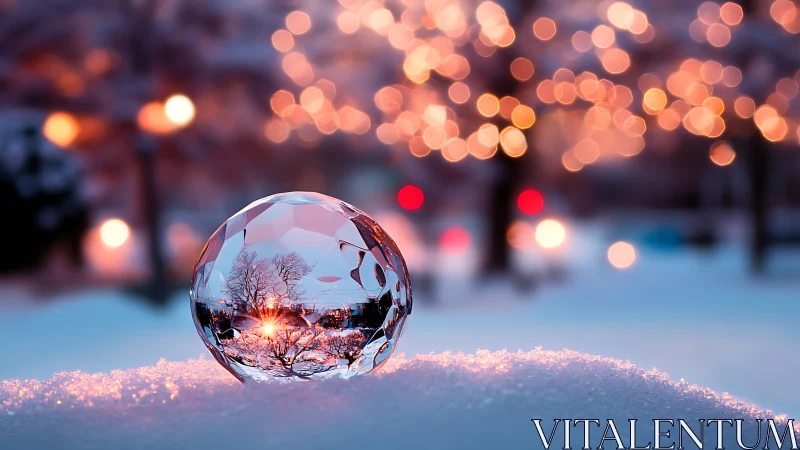 Crystal snow globe cradles twilight city in ember lights.