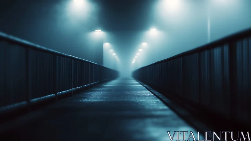 Foggy pedestrian bridge vanishes into cold blue night.