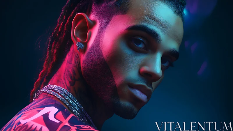 Neon side-profile portrait in dual-tone cinematic lighting.