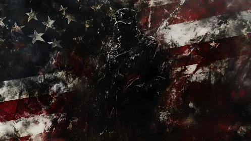 Silhouetted soldier figure stands before distressed US flag