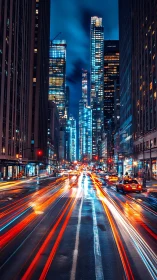 Long exposure captures neon traffic trails in dense urban canyon