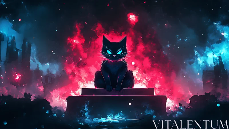 Cyber-noir feline sentinel dominates neon bicolour skyline